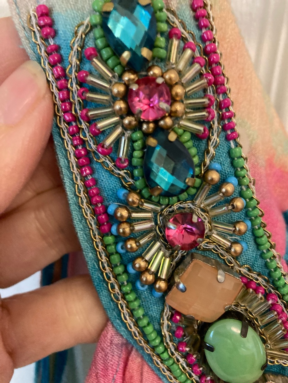 Soft Surroundings Pink, Teal & Cream Beaded Tie-Dye Maxi Verona Dress - Picture 4 of 15